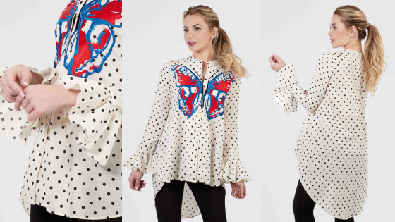 Blusa estampada con bordado central con corte tipo levita de la firma The Extreme Collection