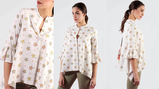 Blusa estampada de manga francesa con volantes, de corte asimétrico de la firma The Extreme Collection