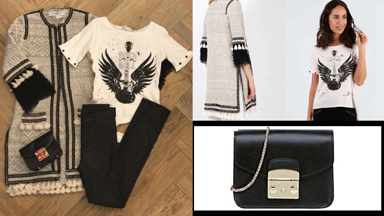 Look con abrigo de punto de jacquard, pitillos negros, camiseta de estilo rockero y bolso bandolera.