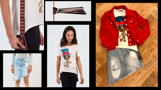 Look de falda vaquera con desgastes con camiseta y cazadora en color rojo, tendencia esta temporada.