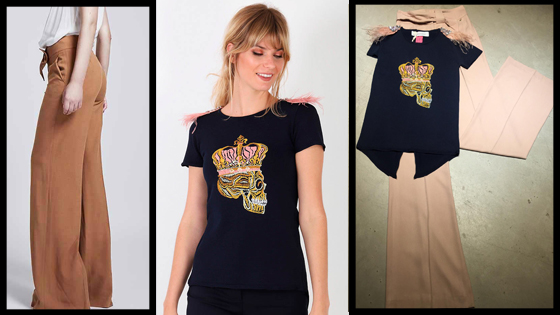 Look de pantalón pata de elefante y camiseta con dibujo central.
