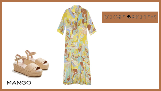 Vestido largo estampado con amarillos y sandalias de rafia en color natural