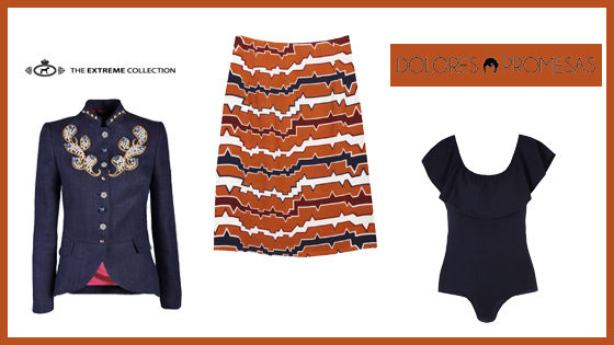 Minifalda de estampado geométrico con body de Dolores Promesas y levita denim de la firma The Extreme Collection