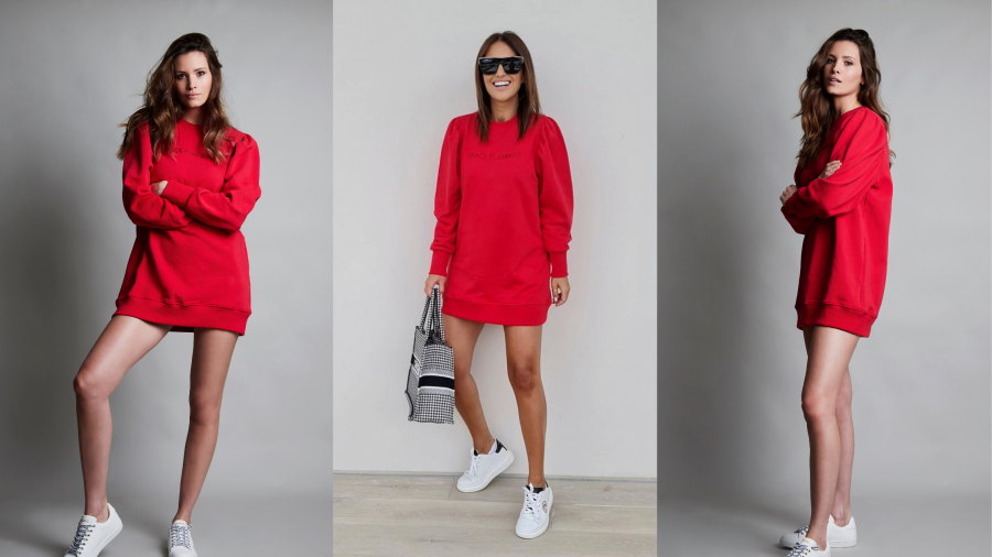 Vestido de algodón rojo con mangas abullonadas