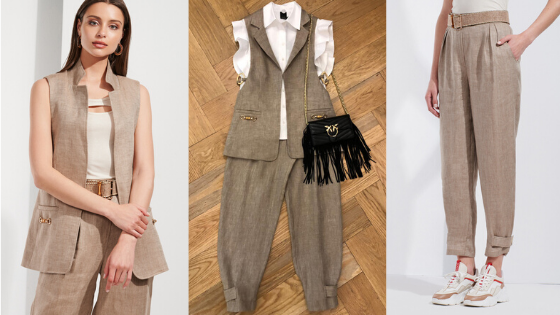 Combinación de chaleco y pantalón de lino en beige de la firma Sahoco, con blusa blanca de Pinko y bolso bandolera negro de flecos de la misma firma