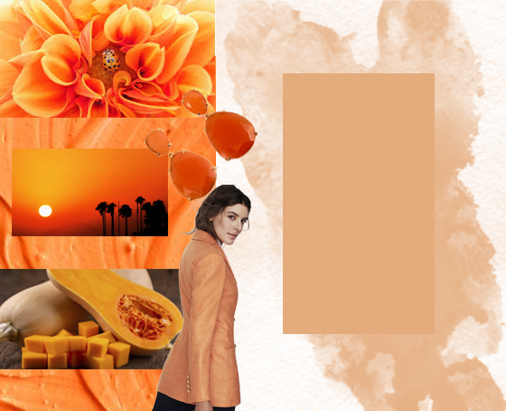 Frutas, flores, pendientes y puestas de sol, que nos recuerda a los naranjas que encontramos en las chaquetas cruzadas de la firma The Extreme Collection