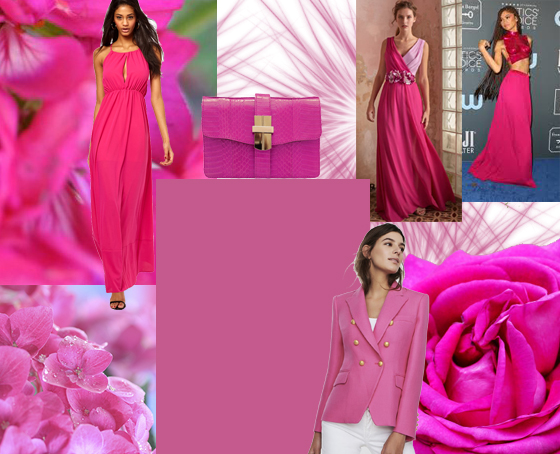 Los fucsias los podemos encontrar en flores, complementos, vestidos de fiesta y chaquetas de la firma The Extreme Collection, combinados con dorados