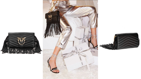 Bolso mini bandolera en piel negra con flecos de PINKO