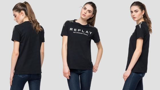 Camiseta negra manga corta cadenas Replay