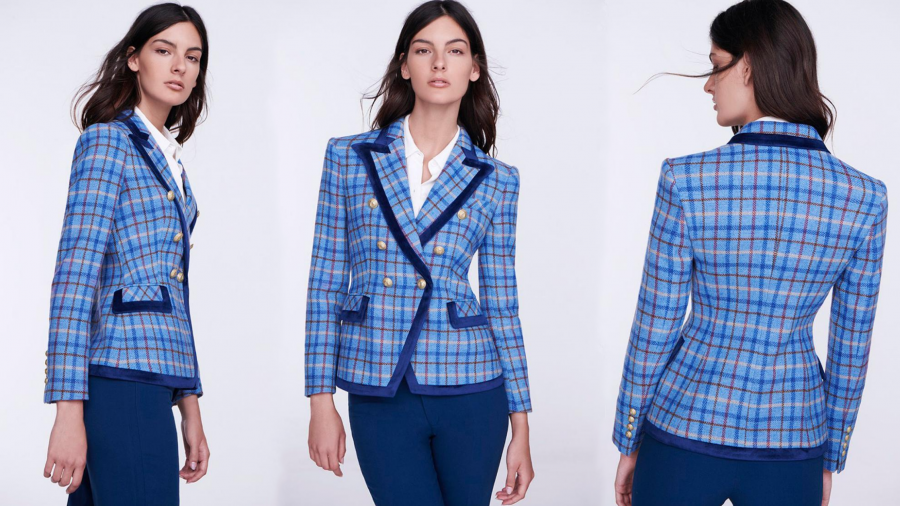 Modelo clásico y atemporal con estampado de cuadros, con vivos en terciopelo azul que resaltan los azules de la chaqueta, de doble botonadura y cintura entallada de la firma The Extreme Collection