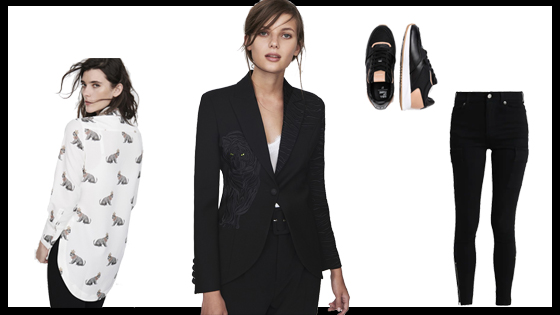Blazer negra, pitillos negros, blusa suelta estampada  y deportivas negras