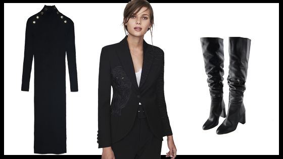 Blazer negra, vestido midi negro canalé y botas altas negras de tacón
