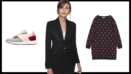 Blazer negra, vestido sudadera estrellas y deportivas