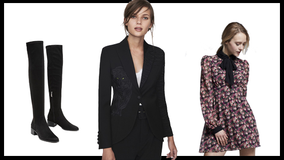 Blazer negra, vestido estampado tulipanes y botas altas negras