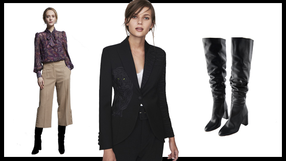 Blazer negra, botas altas de piel y pantalones palazzo camel
