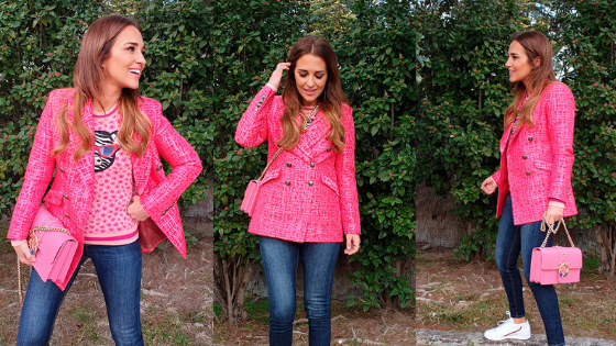 Chaqueta cruzada en color rosa y tejido en relieve de la firma The Extreme Collection.