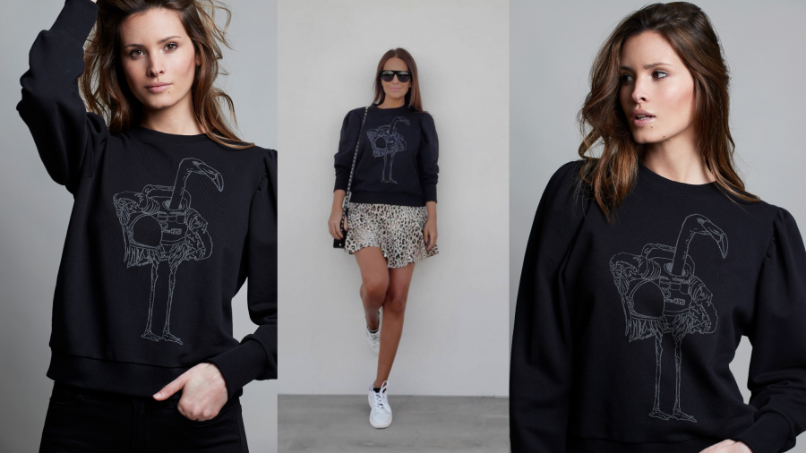 Sudadera negra con dibujo de silueta de flamingo en blanco