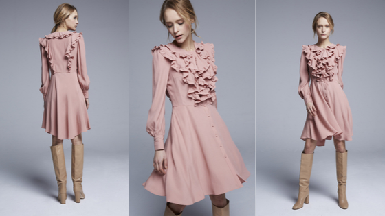 Vestido rosa gasa volantes pechera y espalda con botones