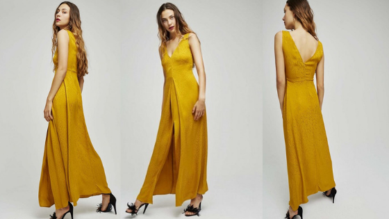 Vestido largo mostaza de la firma Dolores Promesas
