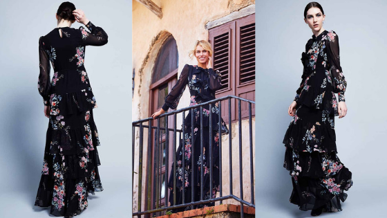 Vestido negro largo de gasa con estampado floral de Pati Conde