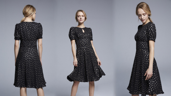 Vestido midi con puntitos dorados de la colección de Pati Conde